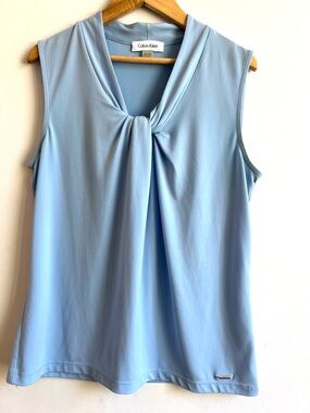 2 Calvin Klein Tops, Sky Blue Twist-Neck Sleeveless Top & Mint Green Pleated Top